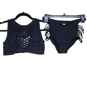 La Senza 2 Piece Lingerie Set Black Perforated Tank and Bottoms Womens L NWT